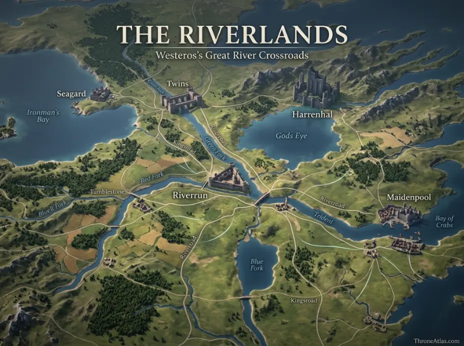 Riverlands map showing Riverrun, Harrenhal, the Twins, the Trident and major crossing points