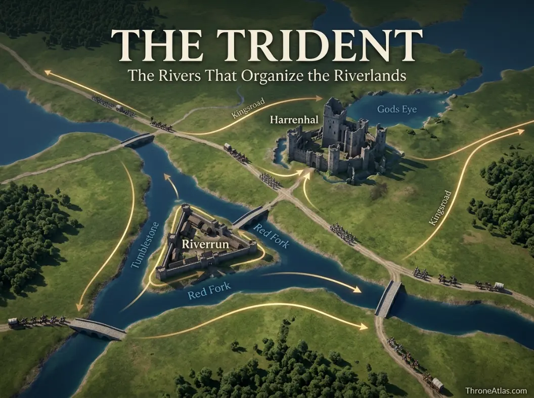 Detailed Riverlands map with rivers, castles, roads, crossings and major Game of Thrones battle locations