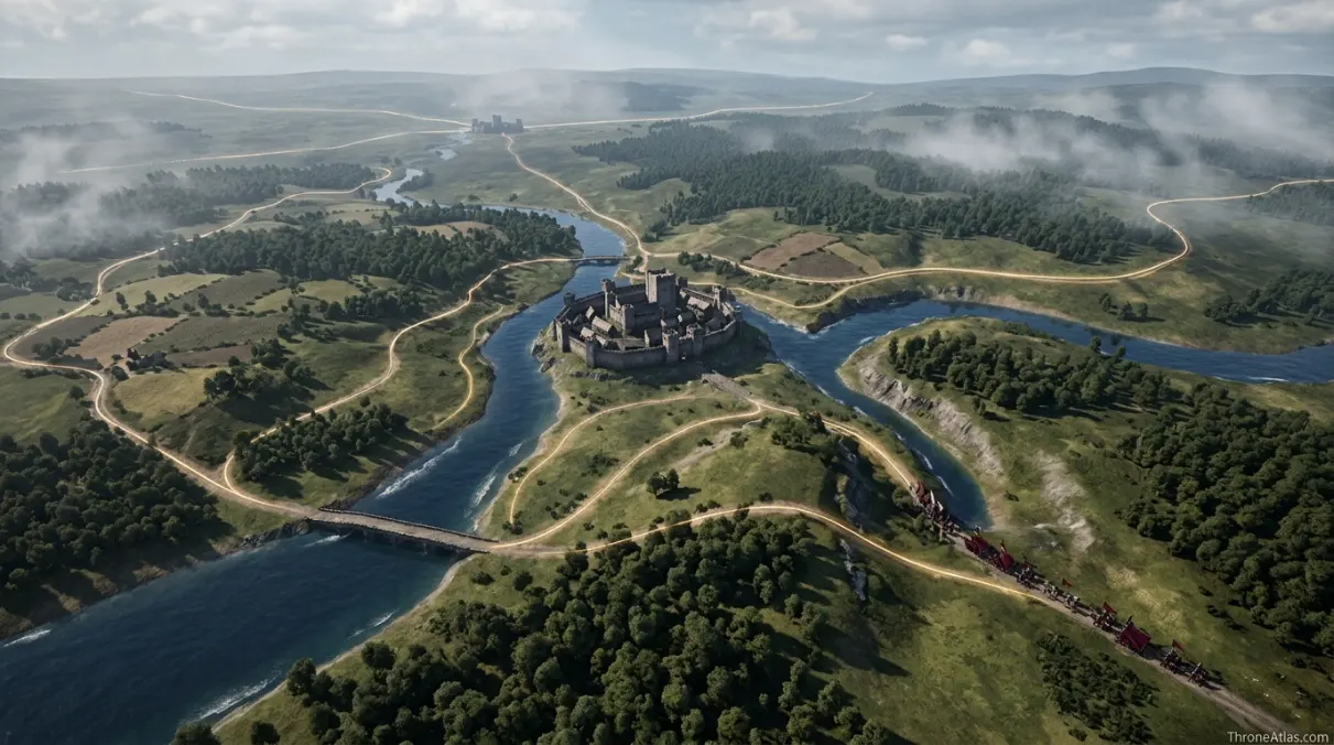 Siege of Riverrun map with surrounding Westeros geography and connected regions