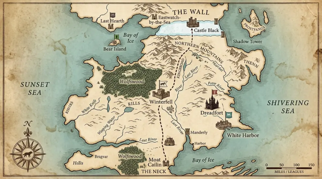 The North map showing Winterfell, White Harbor, the Dreadfort, Bear Island and the Wall