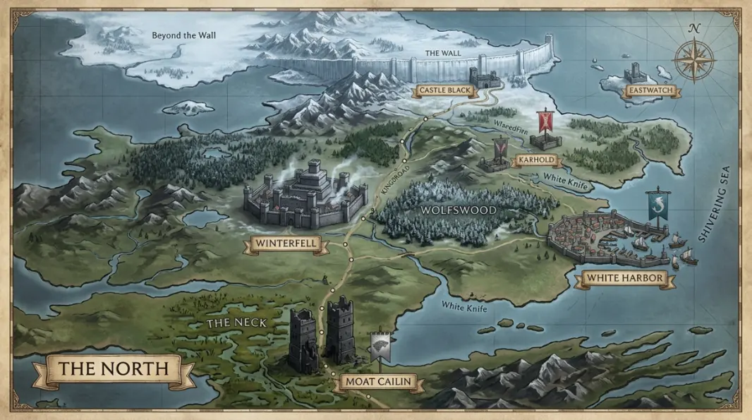 Detailed map of the North in Game of Thrones with major castles, houses, roads and defensive geography