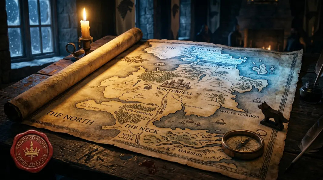 Winterfell and the major strongholds, roads and natural barriers of the North
