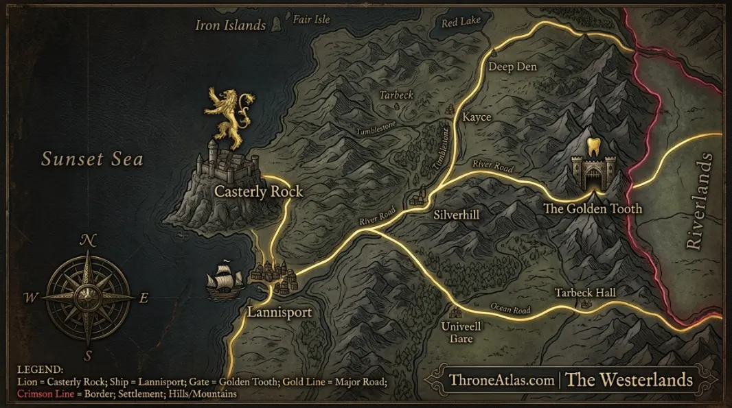 Westerlands map showing Casterly Rock, Lannisport, the Golden Tooth and major Lannister territories