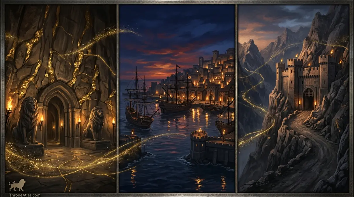 Detailed Westerlands map with castles, mountain passes, roads, gold-rich territories and House Lannister strongholds