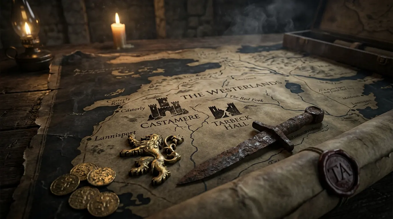 Casterly Rock, Lannisport and the Golden Tooth within the strategic geography of the Westerlands