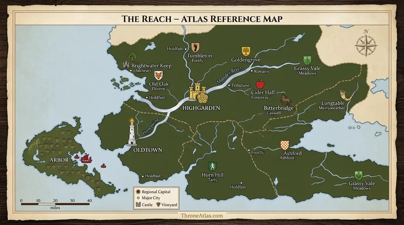 The Reach map showing Highgarden, Oldtown, Horn Hill, Tumbleton and the Arbor