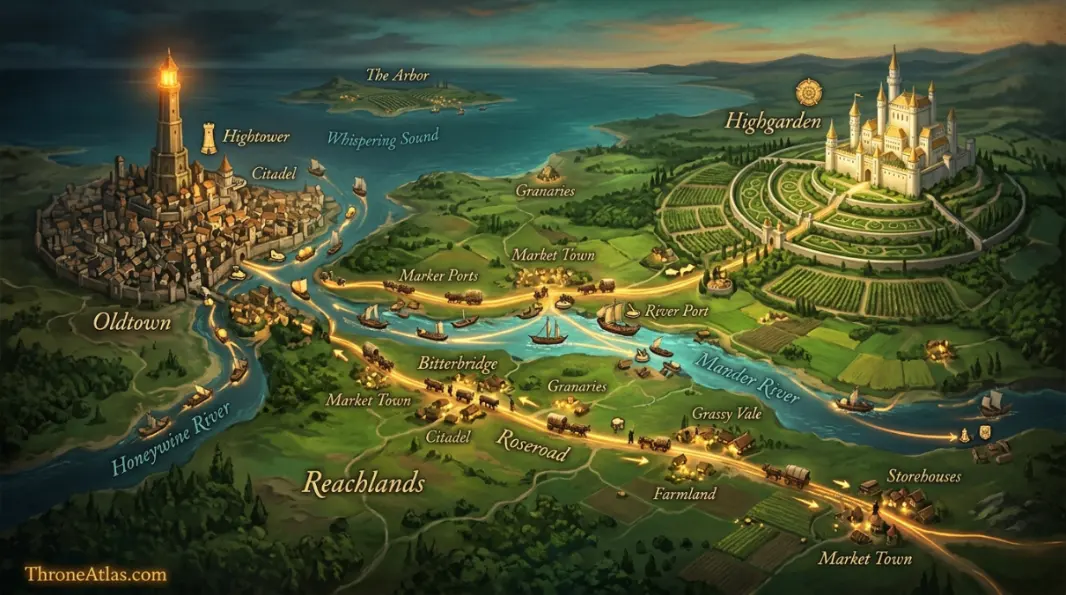 Detailed map of the Reach with major houses, castles, roads, fertile lands and political centers