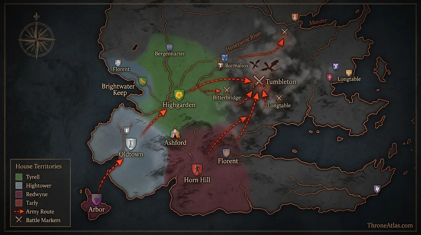 Highgarden, Oldtown and the major roads and food-producing regions of the Reach