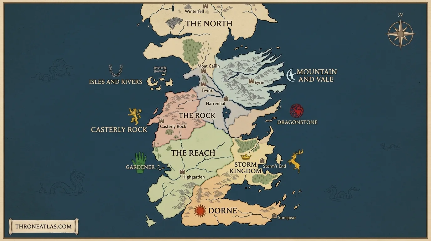 Westeros before Aegon's Conquest map showing the independent kingdoms and their ruling dynasties