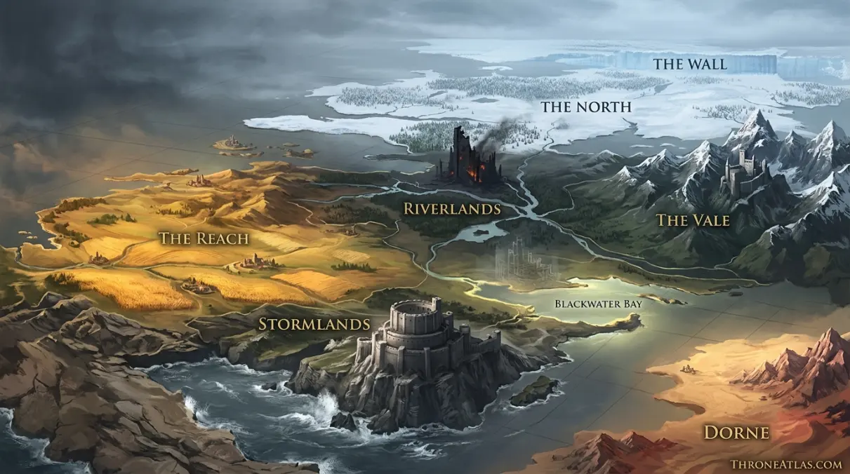 Detailed pre-Conquest Westeros map with the major kingdoms, capitals and political borders before Aegon Targaryen