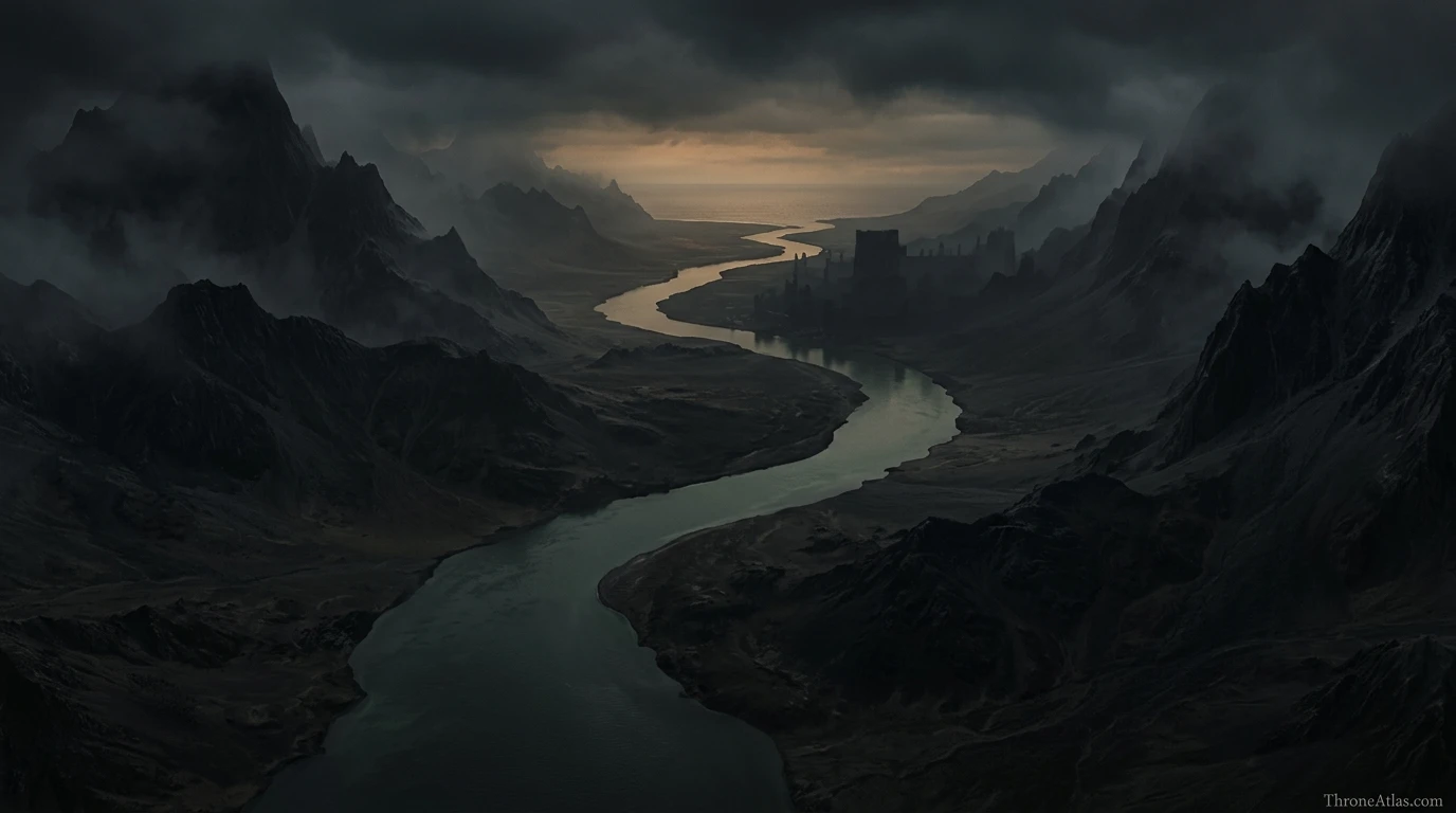 Asshai map labeling River Ash, Shadow Lands, Mountains of the Morn, Jade Sea, Saffron Straits and western route toward Qarth