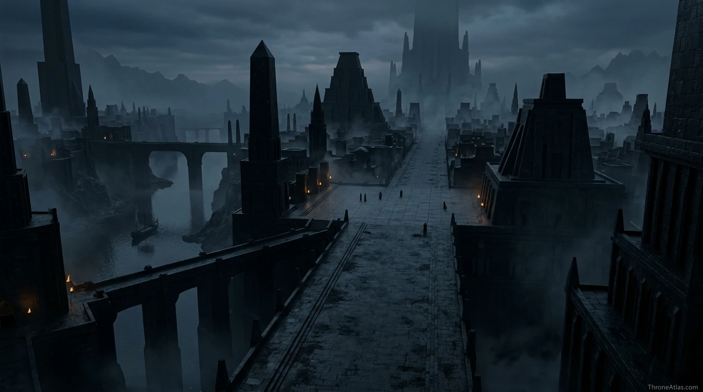 Asshai-by-the-Shadow city scene with dark stone structures, River Ash and mysterious eastern mountain landscape