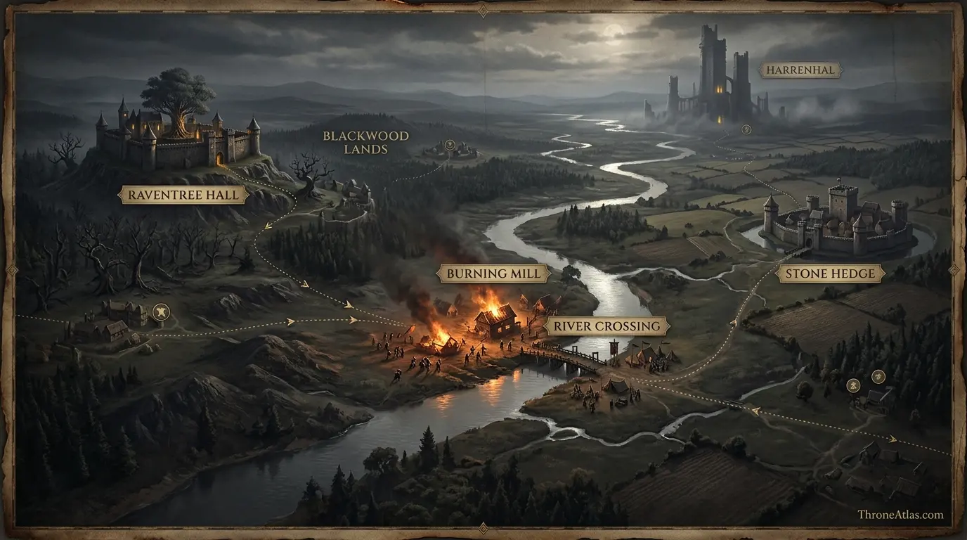 Battle of the Burning Mill Map: Blackwood vs Bracken illustrated hero map