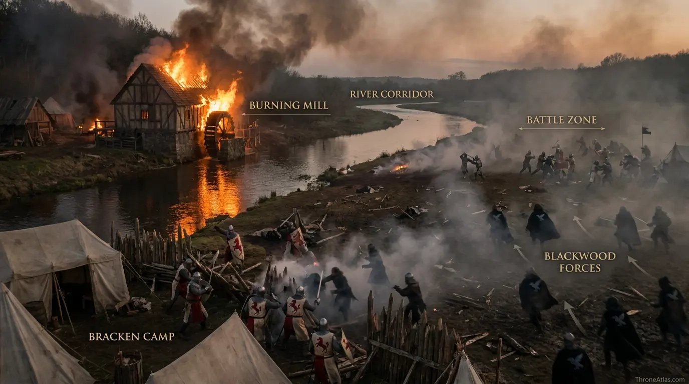 Detailed battle of the burning mill map with labeled locations and route context