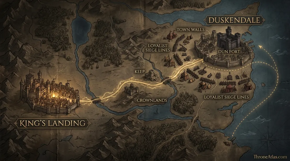 Defiance of Duskendale Map: Aerys II, Tywin’s Siege & Barristan’s Rescue illustrated hero map