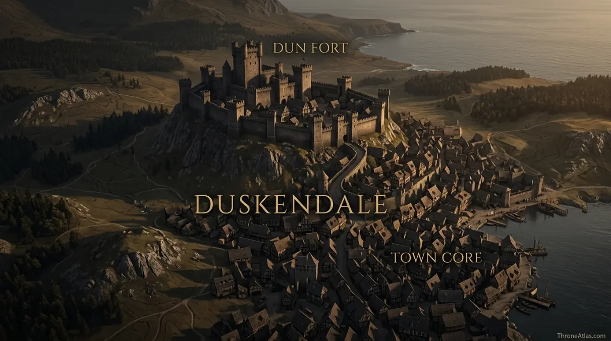 Duskendale map showing the Dun Fort, harbor, Blackwater Bay and Crownlands roads