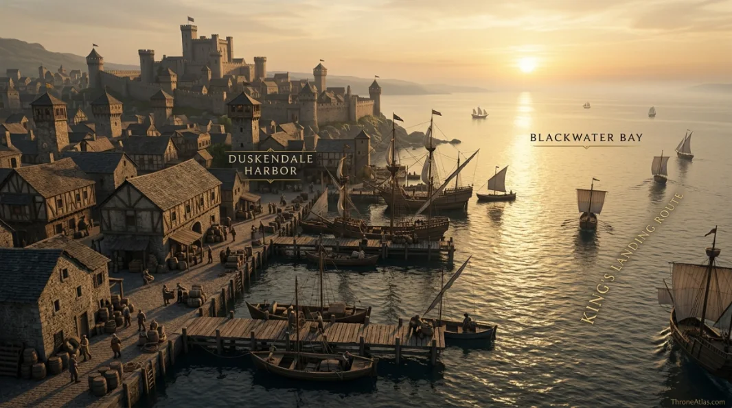 Duskendale atlas map with Dun Fort, old town, harbor, Blackwater Bay and Defiance siege ring