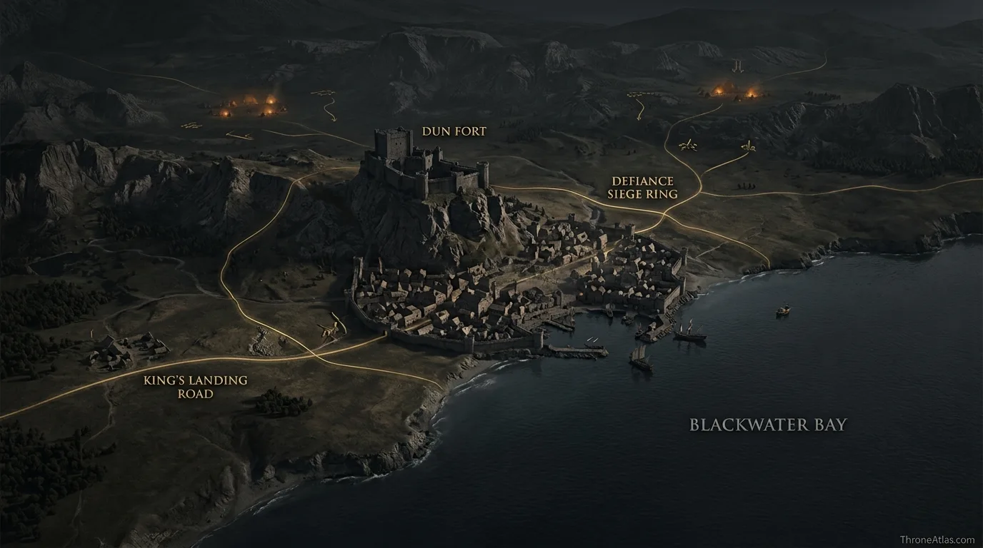 Duskendale geography showing Dun Fort above the port town and Blackwater Bay connection toward King&rsquo;s Landing