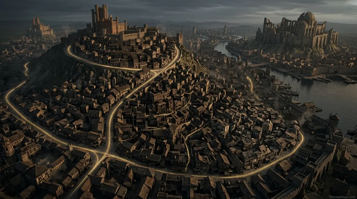 Flea Bottom map hero showing narrow crowded alleys below the Hill of Rhaenys in King’s Landing