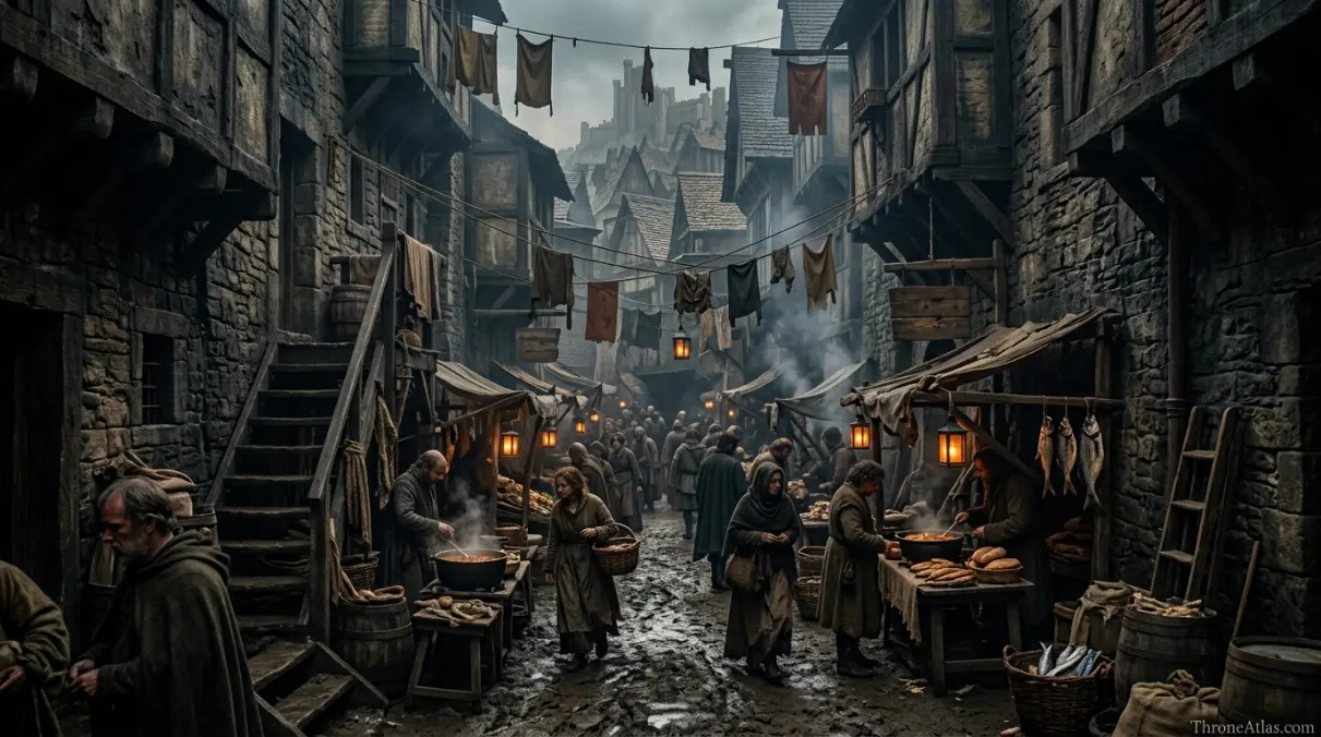 Flea Bottom map labeling Street of Flour, Hill of Rhaenys, Dragonpit context, surrounding alleys and routes into King’s Landing