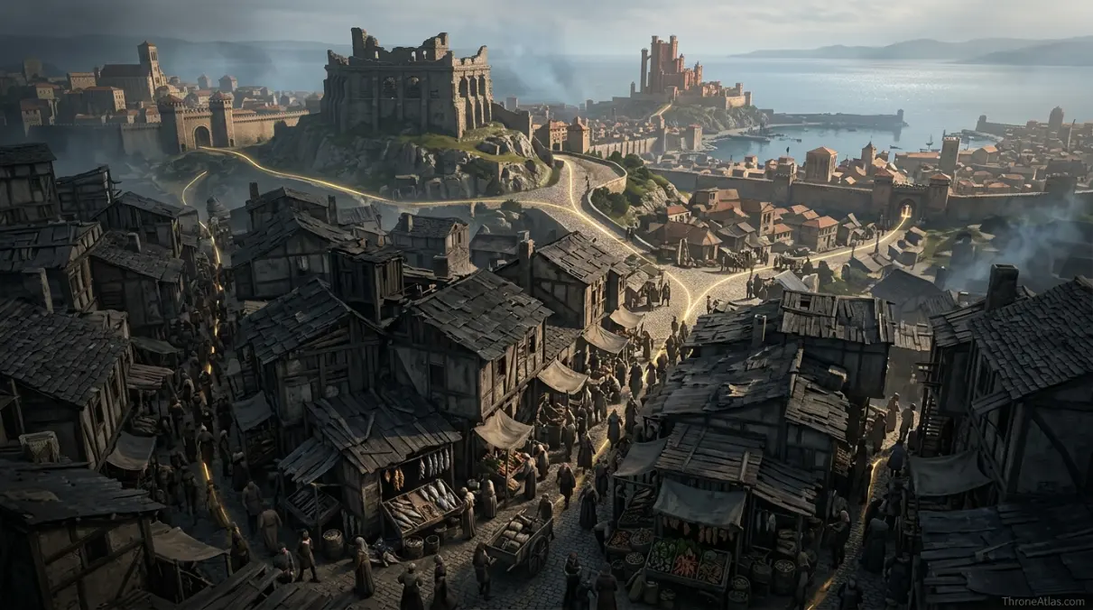 Flea Bottom street scene with cramped buildings, unpaved alleys, market stalls and smallfolk in King’s Landing