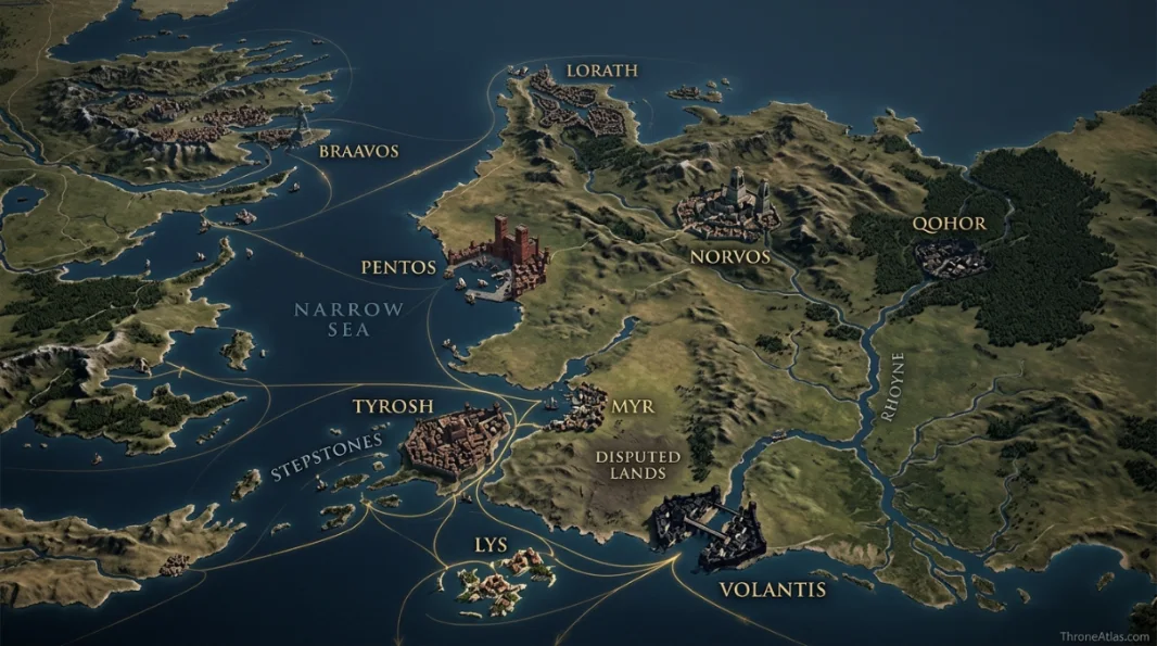 Free Cities map hero showing the Nine Free Cities of western Essos across islands, coasts and inland trade routes