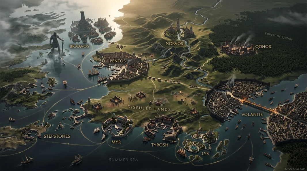 Free Cities map labeling Braavos, Pentos, Lorath, Norvos, Qohor, Myr, Tyrosh, Lys and Volantis