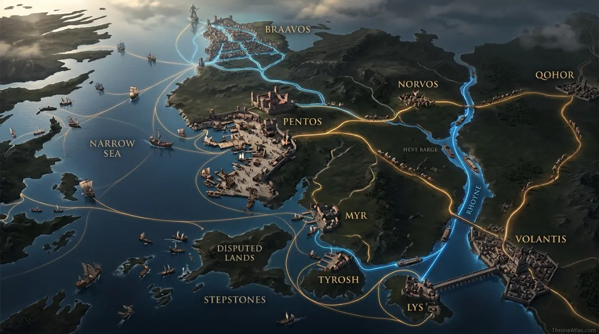 Western Essos trade route scene representing Free Cities harbors, caravans and the Disputed Lands
