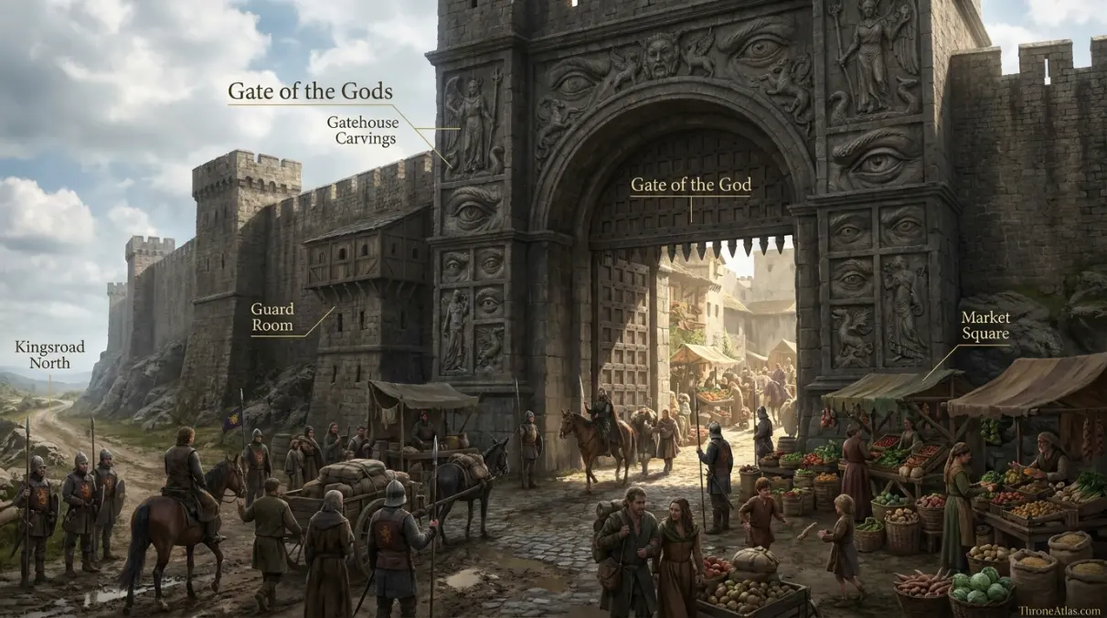 Detailed Gate of the Gods map with labeled landmarks routes and geographic relationships