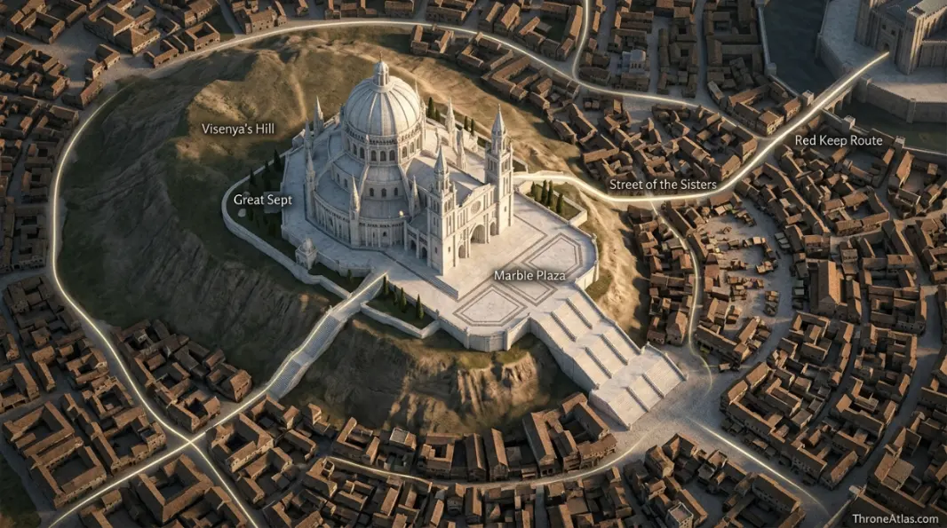 Great Sept of Baelor map hero showing the white marble sept and seven crystal towers atop Visenya’s Hill in King’s Landing