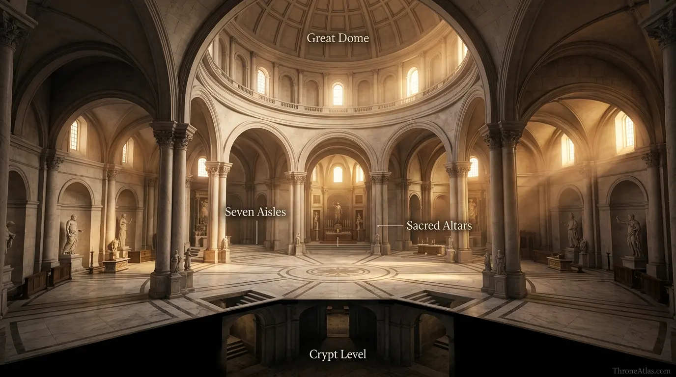 Great Sept of Baelor map labeling Visenya’s Hill, marble plaza, seven towers, interior aisles, crypts and nearby city routes