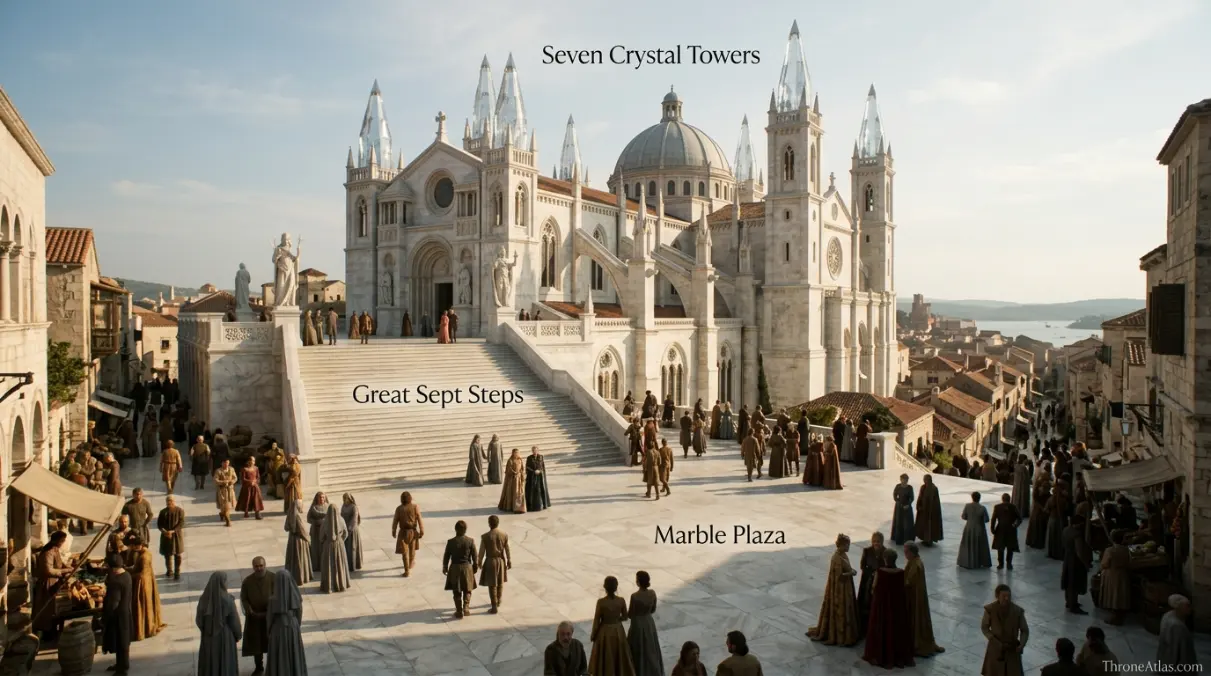 Great Sept of Baelor plaza scene with marble steps, worshippers, bells and the seven-towered religious landmark