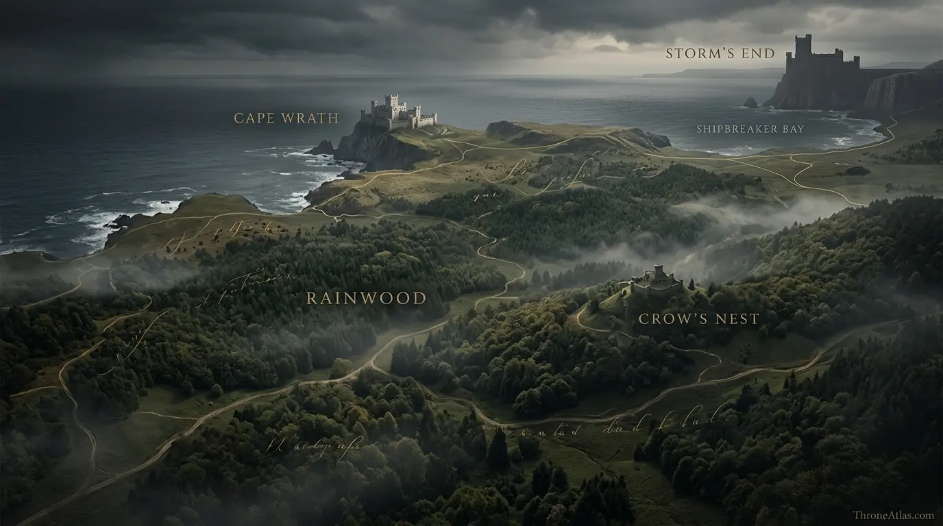 House Connington atlas with Griffin’s Roost, griffin’s throat, red cliffs, Cape Wrath and former lands