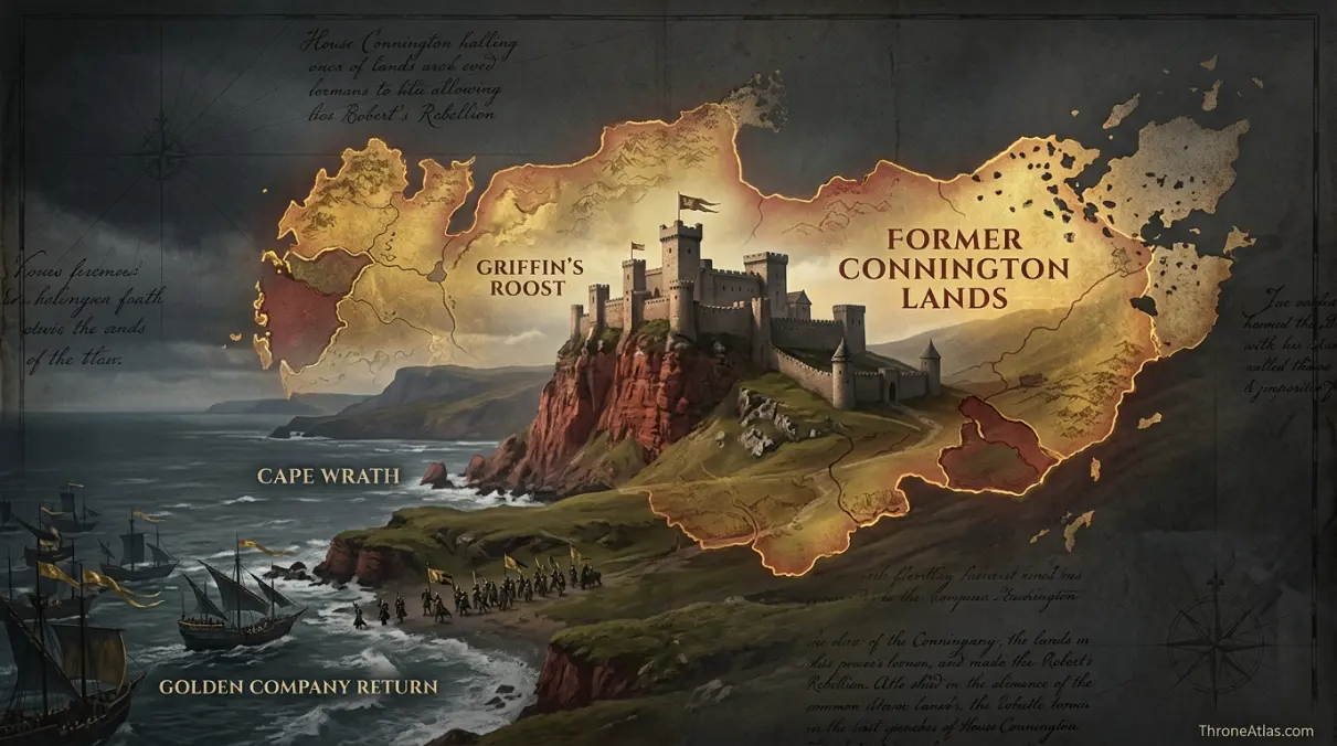 Griffin’s Roost geography showing red cliffs, griffin’s throat, Cape Wrath and rainwood approaches