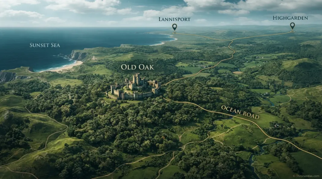 House Oakheart Map overview showing the house seat region and major geographic connections