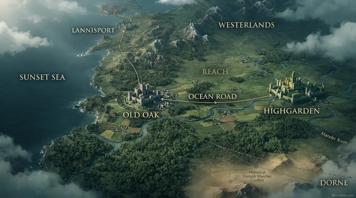 House Oakheart Map context map showing surrounding kingdom terrain routes coastlines and political neighbors