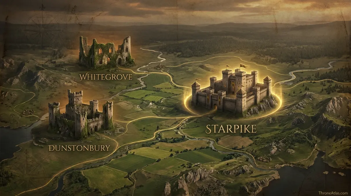 House Peake map showing Starpike, Dunstonbury, Whitegrove and Dornish Marches