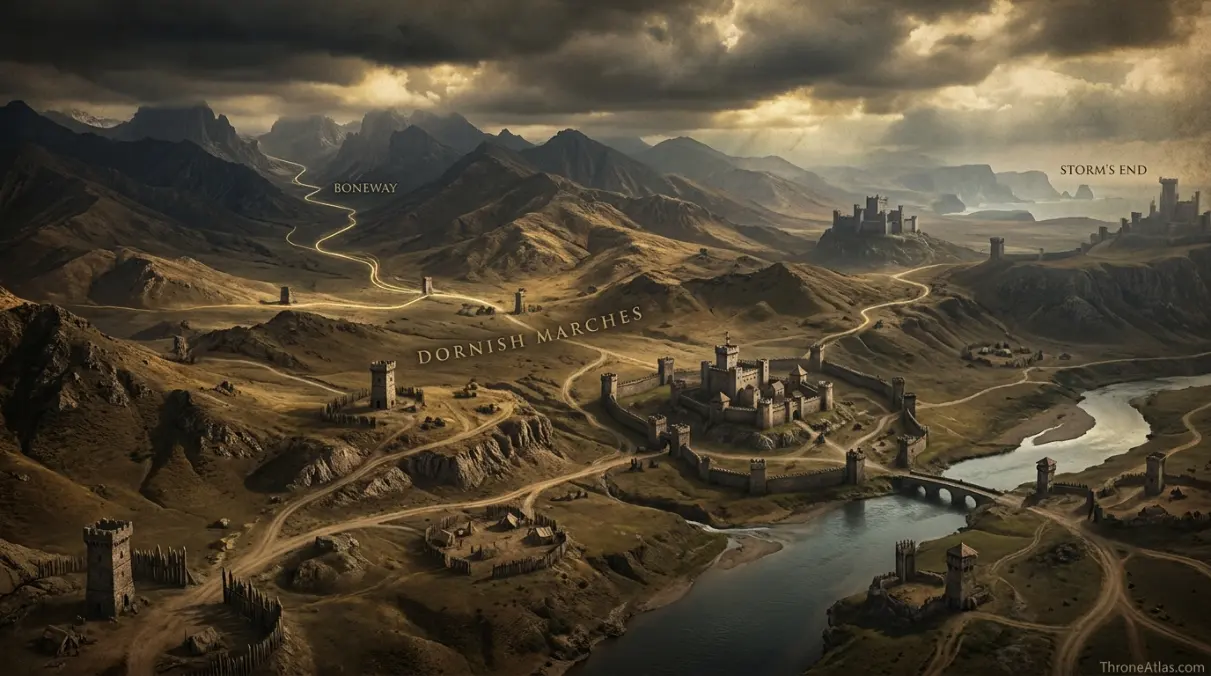 Stonehelm geography showing Slayne river, Red Watch, Dornish Marches and Sea of Dorne approaches