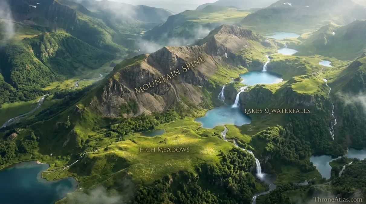 House Tarth atlas with Evenfall Hall, Straits of Tarth, mountain spine, high meadows and Shipbreaker Bay