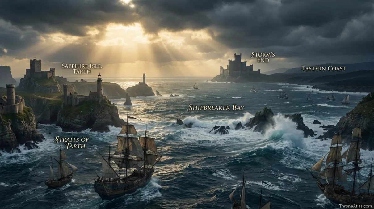 Sapphire Isle landscape map showing Evenfall Hall, mountain interior, high meadows and maritime approaches