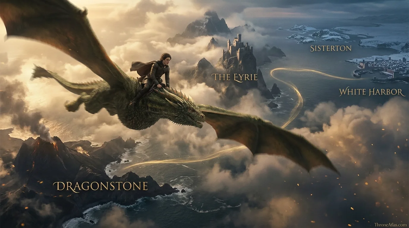 Jacaerys Velaryon route atlas with Dragonstone, Eyrie, Sisterton, White Harbor, Winterfell, Driftmark and Gullet