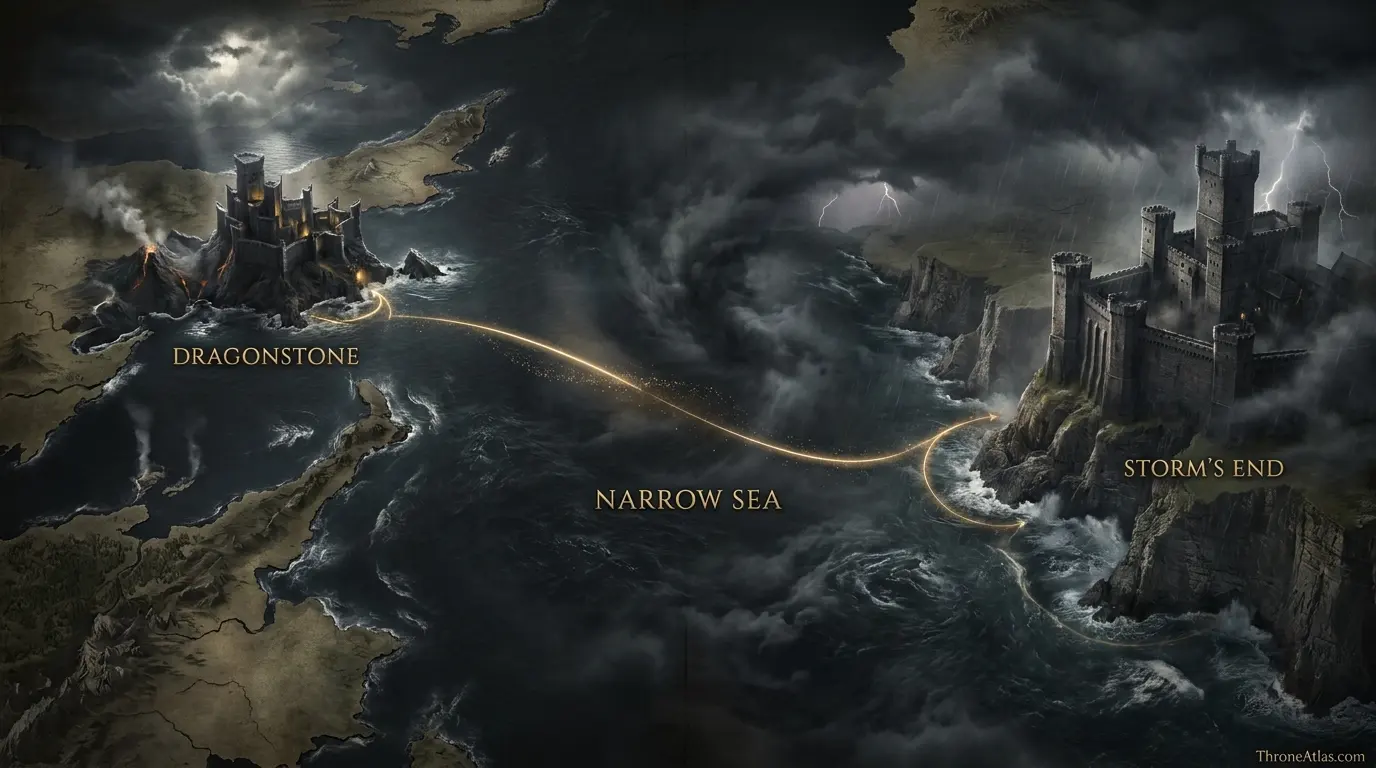 Lucerys Velaryon Journey Map: Dragonstone to Storm’s End illustrated hero map