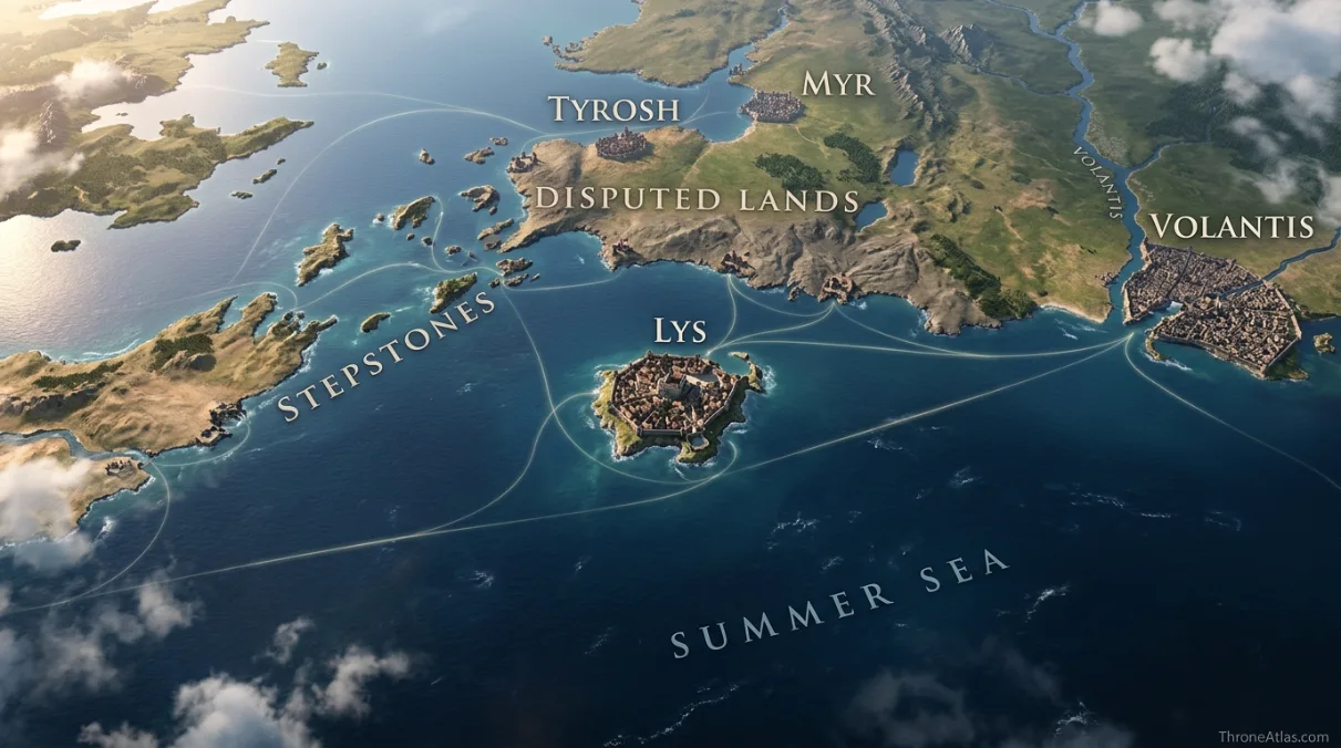 Lys map hero showing the island Free City Lys the Lovely surrounded by southern Essos sea routes