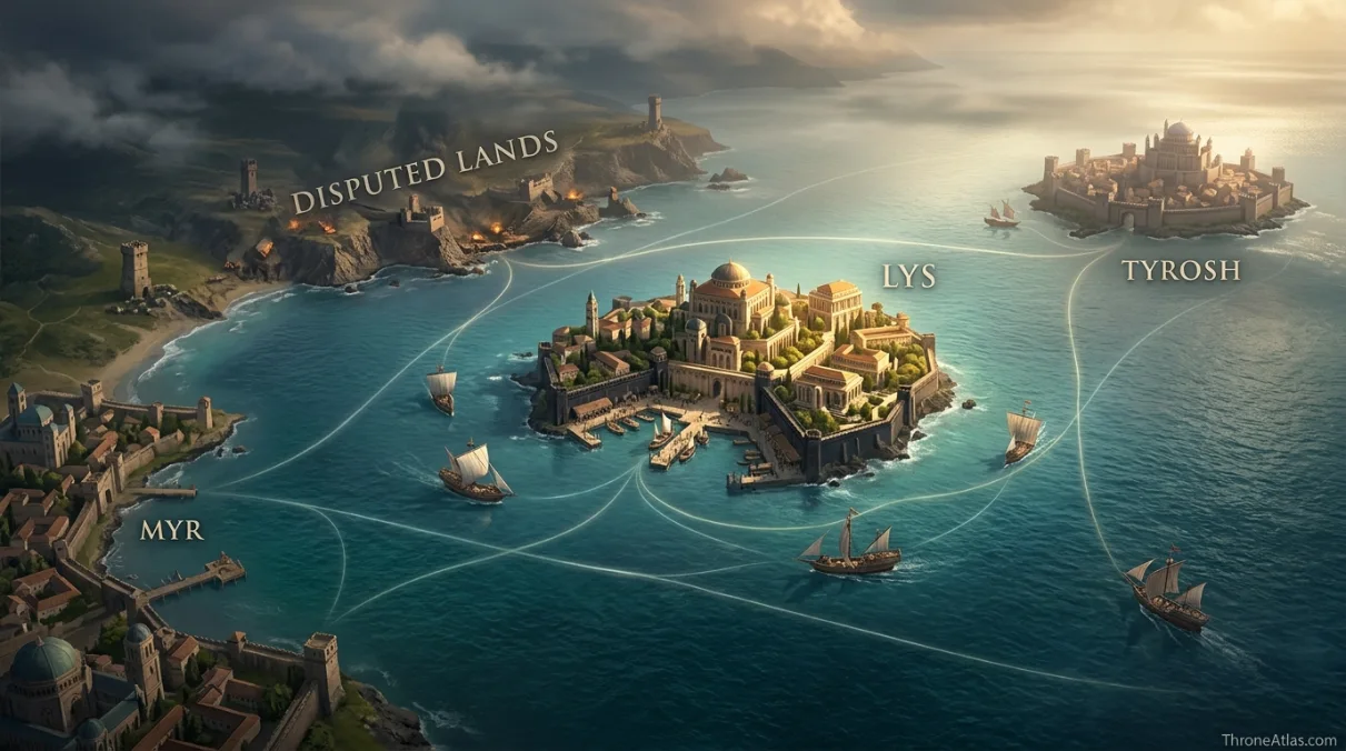 Lys map with Tyrosh, Myr, Volantis, Disputed Lands and Stepstones positioned around the island city