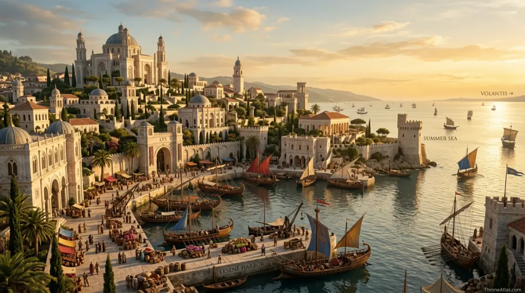 Lysene harbor scene representing maritime trade, Valyrian heritage and southern Free Cities culture