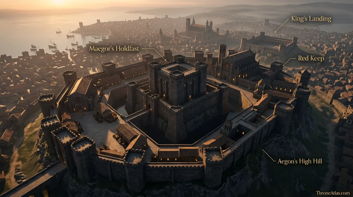 Maegor&rsquo;s Holdfast interior context with thick walls, guarded drawbridge and royal chambers inside the Red Keep