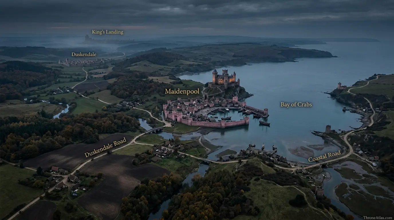 Maidenpool Map contextual view showing surrounding roads coasts terrain and neighboring locations