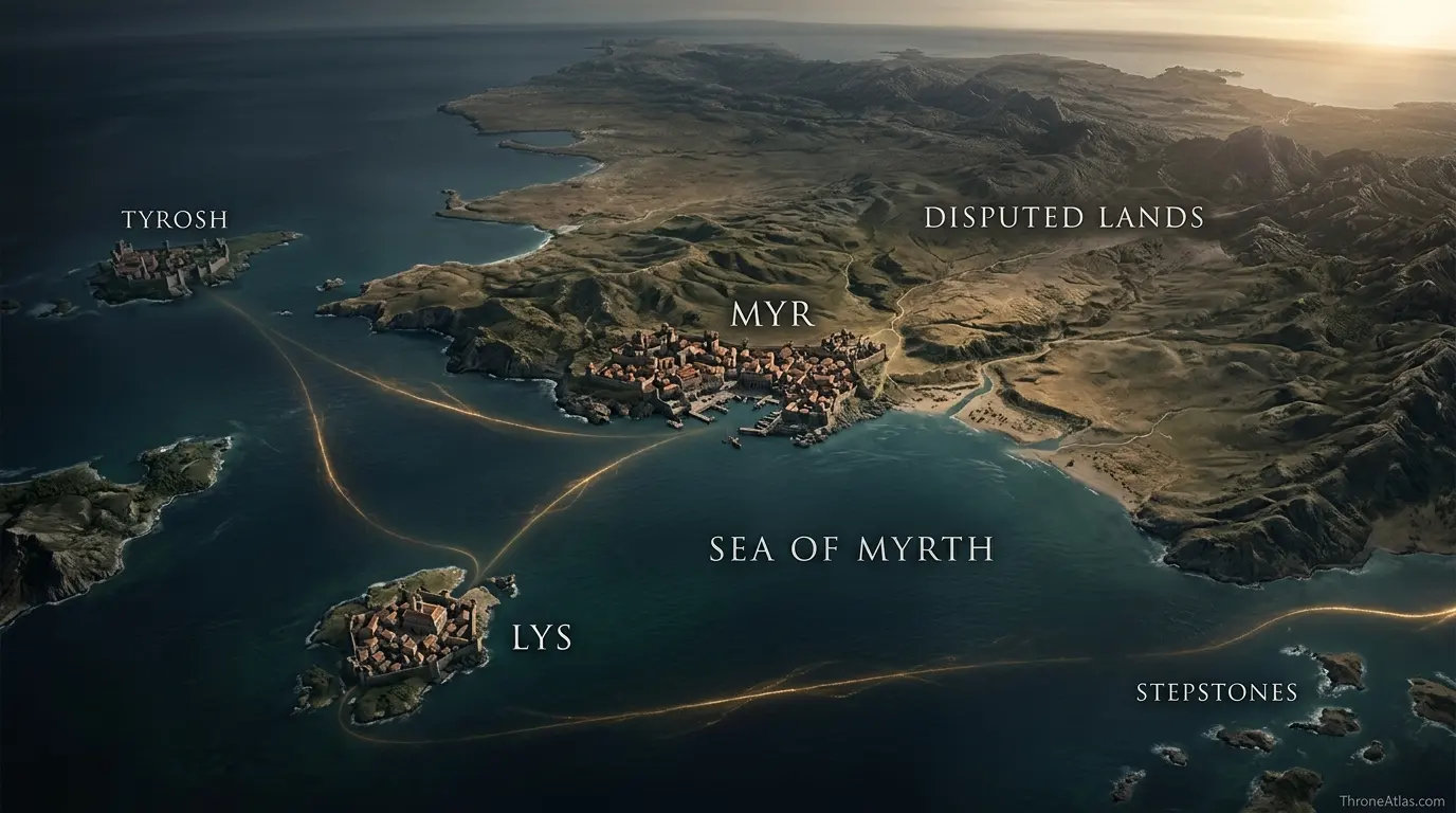 Myr map hero showing the mainland Free City of Myr beside the Disputed Lands in southern Essos