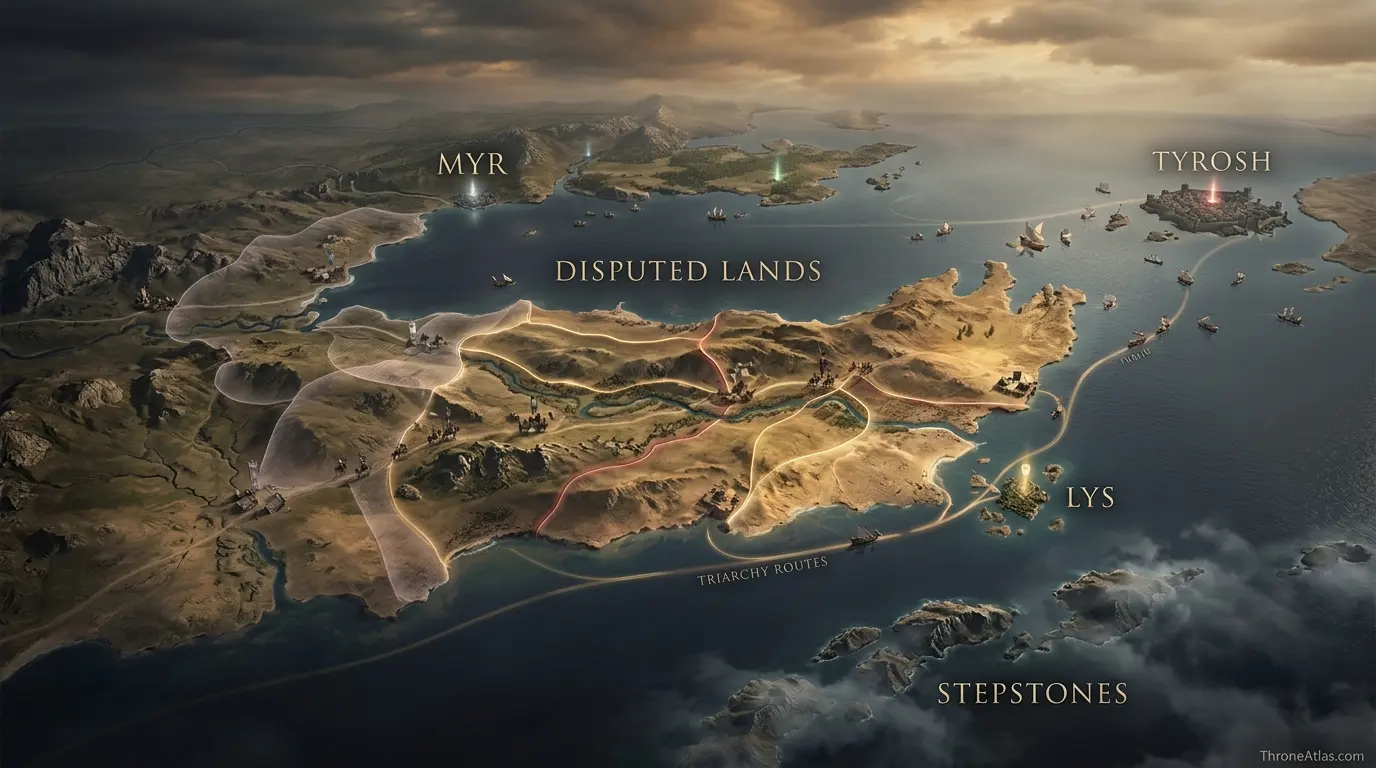 Myr map labeling Myr, Disputed Lands, Lys, Tyrosh, Stepstones and routes across southern western Essos