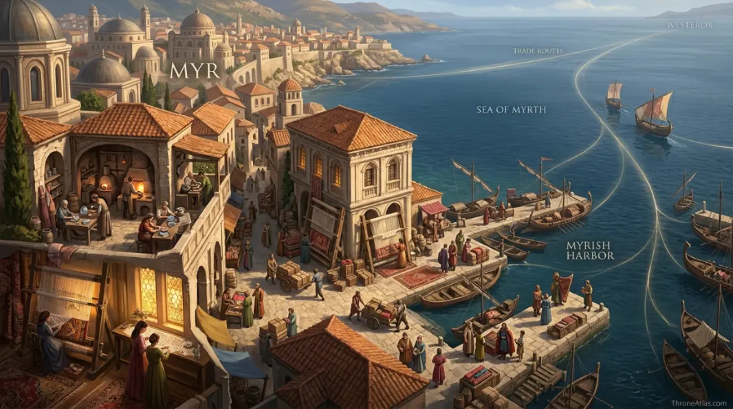 Myrish craft and harbor scene with glass lenses, textiles, workshops and merchant traffic